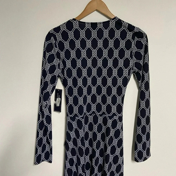 Navy Blue White Chain Link True Wrap Dress Small Timeless Classic Party Career - Picture 8 of 13